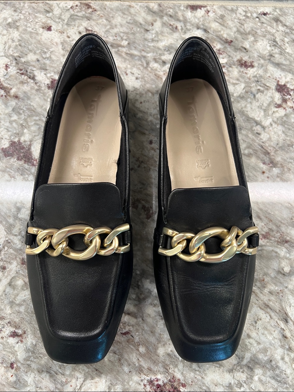 Black Leather Loafers with Gold Chain Accent